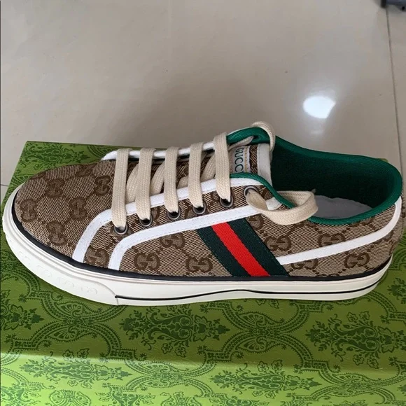 Gucci Brown GG Canvas Sneakers with Green Red Web - Picture 5 of 5
